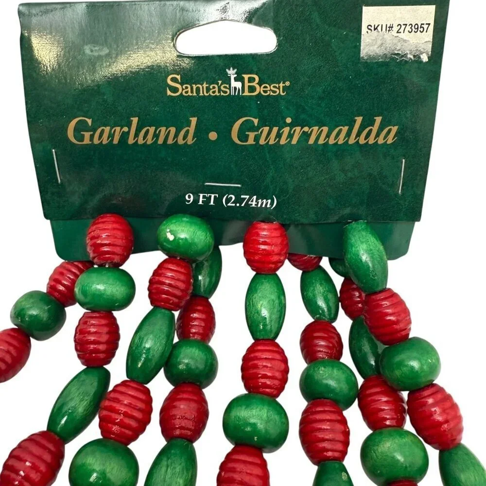 Christmas Garland Wooden Beads 9 Feet Strand Red Green by Santa's Best